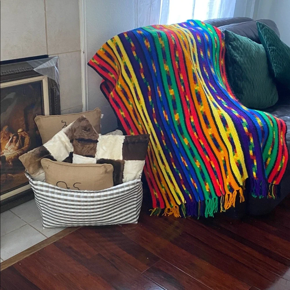 Handmade Vintage Hand-Crocheted Large Rainbow Stripe Throw Blanket 63” x 44”